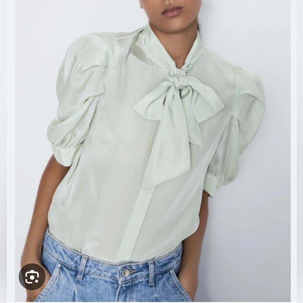 Zara Light Green Blouse with Bow Detail